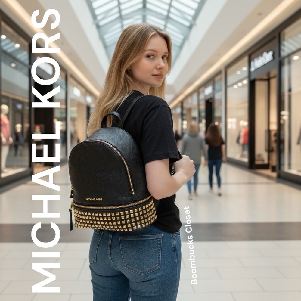 Michael Kors Black leather with metallic Gold studs rivet Backpack chic rockstar - Picture 3 of 16
